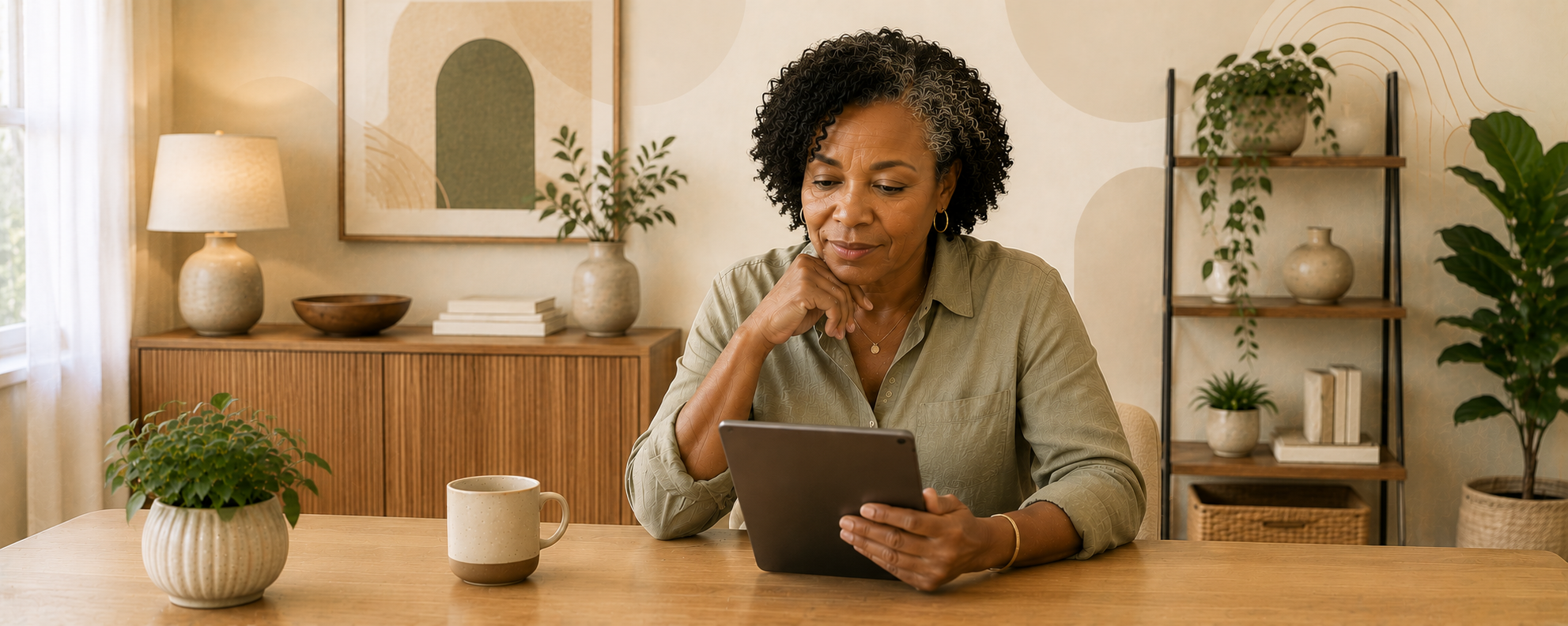 Woman over 50 using a tablet to improve an online business idea with AI