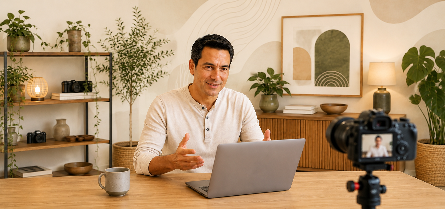 Man building an online business in his 50s is talking to the camera in his home office