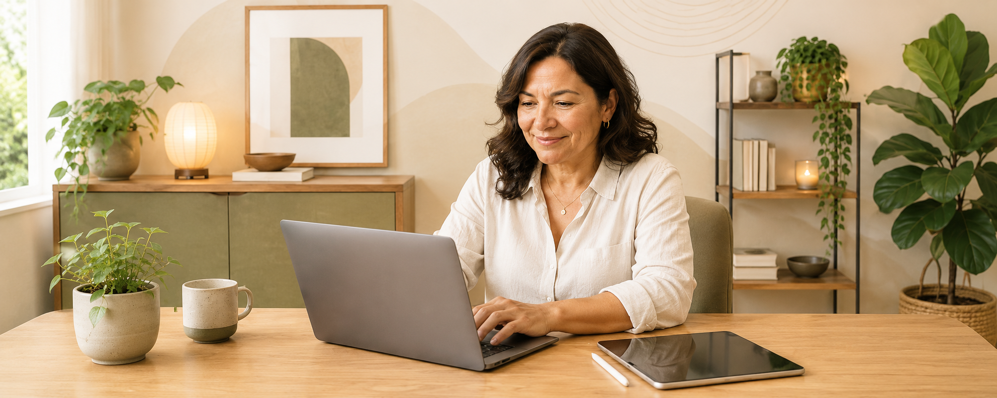 Woman in her 50s working on an online business idea with AI