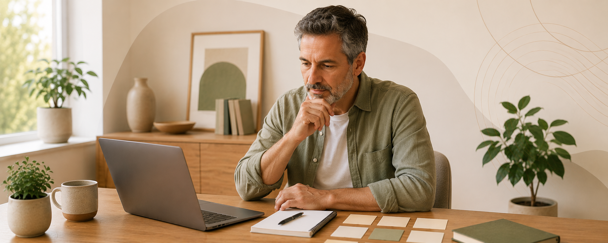 Man in his early 50s using a laptop to plan a business after 50 with AI